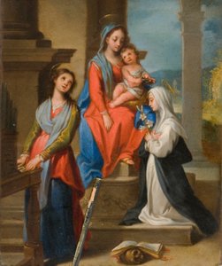 Madonnaen og barnet med hellige (olje på metall)